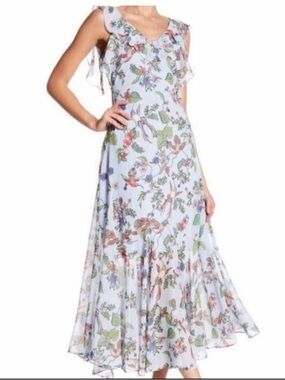 Nanette Lepore Light Blue Floral Ruffle V-Back Maxi Dress
